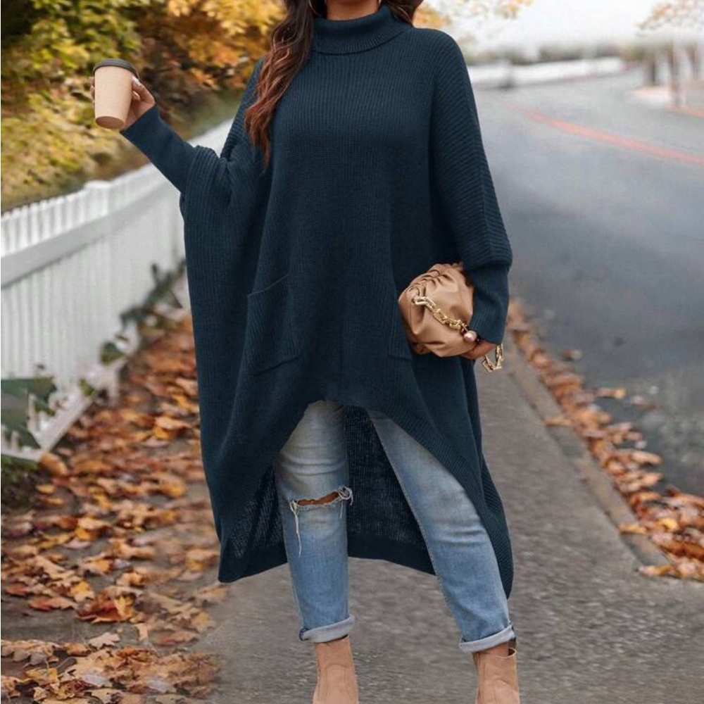 Oversized High Cowl Neck Hi Low Asymmetrical Hem Sweater Dress Blue
